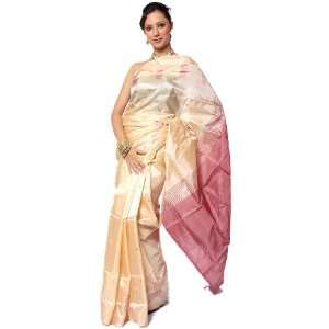 Plain Beige Kanjivaram Sari with Pink Bootis and Anchal   Pure Silk