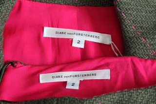 DIANE VON FURSTENBERG Sexy Pink+Olive Wool Knit Fluted Skirt+Jacket 