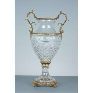  Italian 24% Lead Hand Cut Crystal Vase   Urn with Brass 