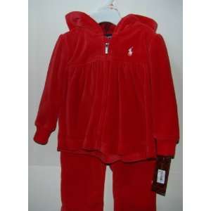   Lauren Baby Girls 2 pc Red Velour Sweatsuit 12 Months 