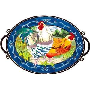 21.25x 14.75 x 3.75 Country French Hens Oval Beveled Stained Glass 