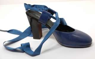 DRIES VAN NOTEN Indigo Blue Leather Slingback W/Ribbon Ankle Tie w 