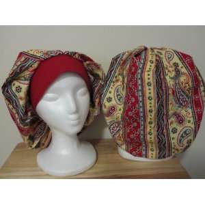   Bouffant Scrub Cap, Adjustable, Red & Yellow Paisley with Satin Lining