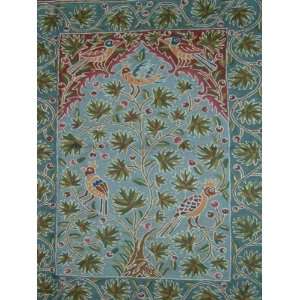  Crewel Rug Berry Birds Sky Blue Chain Stitched Wool Rug 