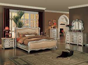   European Silver Gold King Leather Sleigh Bed Bedroom Set Furniture
