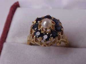 Antique Unique 375(9k) YG Ring Genuine Blue Sapphire & Pearl ,ART 