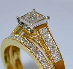 DIAMOND WEDDING SET YELLOW GOLD TWO PIECE ENGAGEMENT RING + WEDDING 