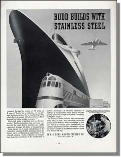 1936 Budd Stainless Steel. Ship Train Plane Art Ad  
