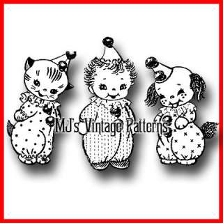 Vintage Clown Dolls Kitty, Baby & Puppy Pattern  