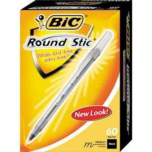  Bic Black Med point 60 pk, Round Stic Ballpoint Pen, Black 