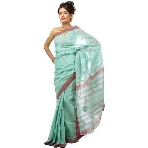  Light Green Bengali Puja Sari with Woven Bootis   Pure 