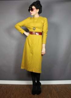 vintage 60s Rare Zipper Slvs. BEATNIK Mustard Wool Wiggle Dress M 
