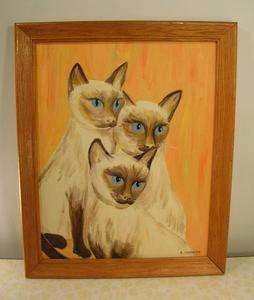   CATS Painting on Canvas & Oak Frame By E. SCHNEIDER Mystic Blue Eyes