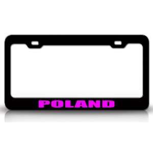 POLAND Country Steel Auto License Plate Frame Tag Holder, Black/Pink