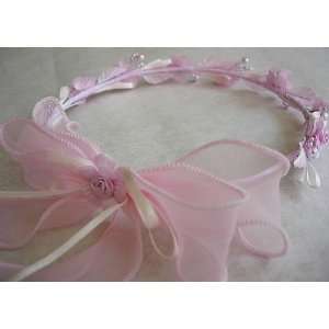  Pink Flower Girl Wreath Halo Headpiece with Long Ribbons 