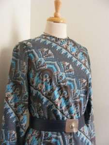 Vtg 70s OP Art Grey Blue Print ARTIST Dress M/L  