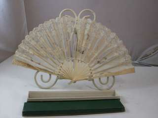 Vintage Ivory and Tan Hand Fan Ox Bone Lace Flowers  