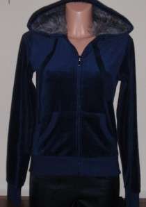 Romeo & Juliet Couture Cute Navy Blue Velour Hoodie Jacket With Fur 