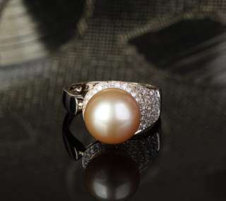 Unique Pave 10.8mm South Sea Pearl Solid 14K Yellow Gold .35ct Diamond 