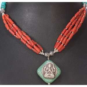   and Turquoise Beaded Necklace with Chenrezig Pendant   Sterling Silver