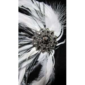    Large White and Black Formal Feather Hair Clip 