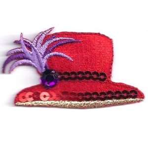 Red Hat Lady Hat w/Feather, Sequins & Rhinestone/Iron On Embroidered 