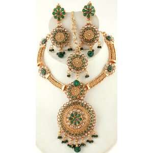 Polki Chakra Necklace Set with Faux Emerald   Copper Alloy 