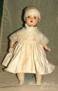Antique Tin Blue Sleepy Eyes Composition 1920s Cotton Dress /Hat BABY 