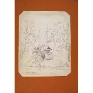  C1855 Drawing Sketch Man Woman Sitting Tree Fine Art