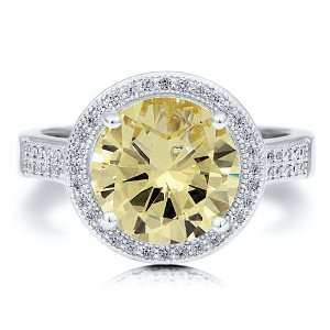  925 Round Canary Cubic Zirconia CZ Halo Solitaire Ring   Nickel Free 