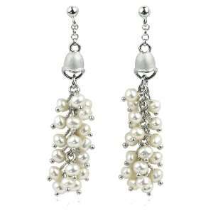   Silver Bell Stud and Cascading Pearl Cluster Romantic Dangle Earrings