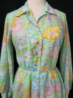 Vintage 60s Watercolor Floral Shirtwaist Day Dress L X  