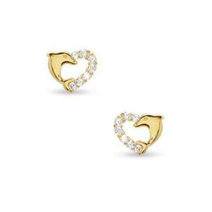  Cubic Zirconia Dolphin Heart Stud Earrings in 10K Gold CZ 
