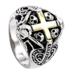  7.5MM Stainless Steel Biker Ring With Gold Plated Cross on 