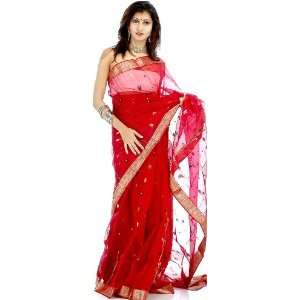  Maroon Chanderi Sari with All Over Thread Weave and Bootis 