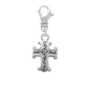  Silver Scroll Cross with Antiqued Decoration Clip On Charm 