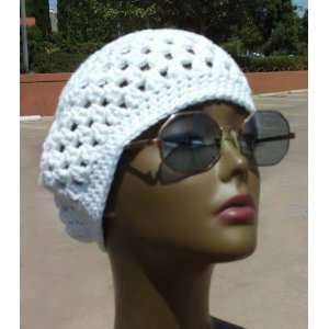   Crocheted Slouchy Beanie Hat Cap Crochet White Cotton 
