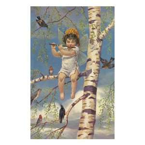 Boy Fairy Playing Flute in Birch Tree Premium Giclee Poster Print 