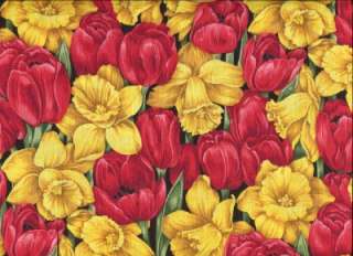 FLORAL DANCE DAFFODILS TULIPS   Cotton Fabric BTY for Quilting, Crafts 