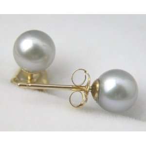  AAA 5mm Natural Gray Saltwater Pearl Earring 14k Yellow 