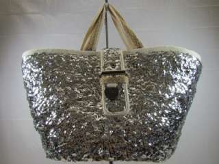 Juicy Couture Silver Sequin Straw Bucket Tote/Handbag w/Canvas Trim 