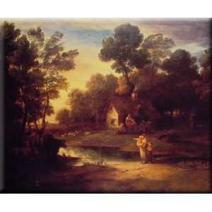 Wooded Landscape with Cattle by a Pool and a Cottage at Evening 16x13 