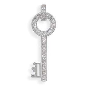 Key Pendant Slide Round Handle with CZs Rhodium Over Sterling Silver 
