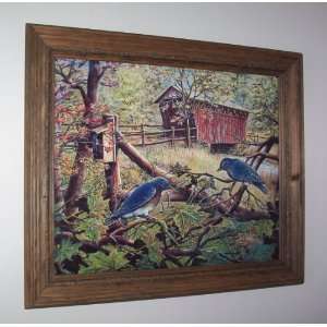  Bluebirds and Covered Bridge Picture Print in Rope trimmed 