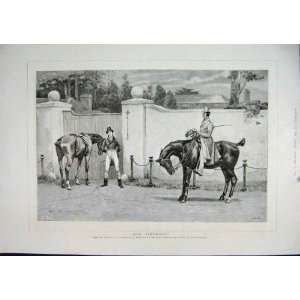  1889 Men Horses Flowers Gate Wall Birthday Old Print