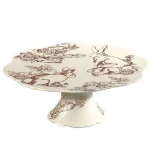  J. Willfred Ceramics Brown Bunny Toile Pedestal Cake Plate 
