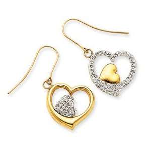    14k Yellow Gold Crystal Double Heart Dangle Wire Earrings Jewelry