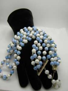 Vintage 5 Strand Blue White Gold Tone Bead Necklace  
