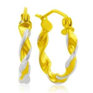   14K Two tone Gold Swirl Diamond cut Edges Small Hoop Earrings Jewelry