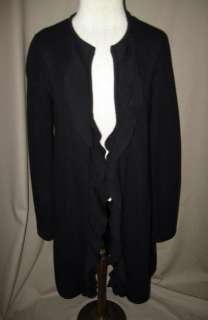   Black Long Cardigan w/Ruffle Heavy Merino Wool Ribbed Sz XS  